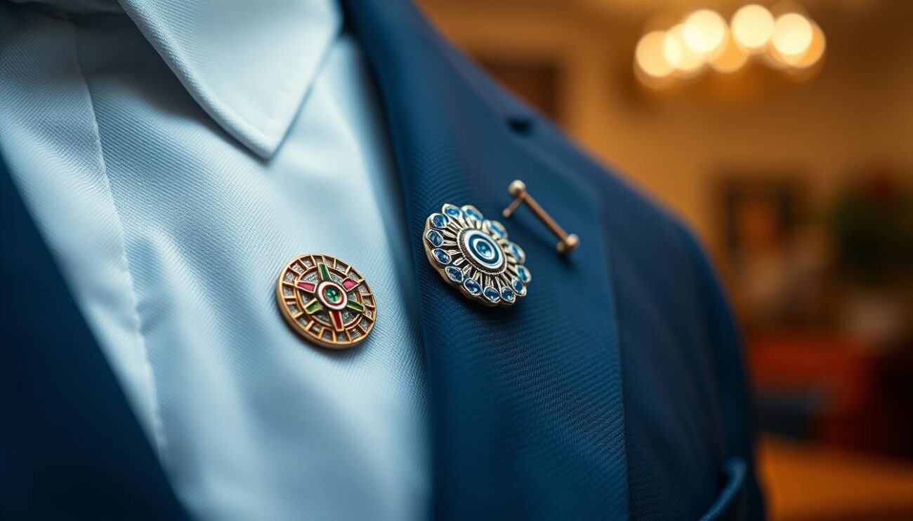 A close-up image of an elegant lapel pin designed by "Cufflinks Gift Hub", showcasing intricate details such as a polished finish, unique patterns, and vibrant colors. The lapel pin is attached to a classic navy suit jacket lapel, with the fabric’s texture clearly visible, hinting at luxury and sophistication. The background features a softly blurred, warm-toned office environment that adds a touch of professionalism and elegance. The lighting is bright and inviting, highlighting the pin's craftsmanship and the suit's material, while a shallow depth of field draws attention to the lapel pin. The overall mood is refined and stylish, emphasizing how this small accessory can elevate a man's appearance.