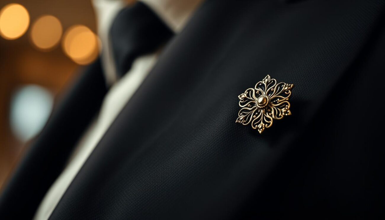 A close-up image of an elegant lapel pin displayed against a sophisticated black suit. The pin features intricate designs, combining gold and silver tones, catching the light with a subtle sheen. In the foreground, the lapel pin glistens with detailed craftsmanship, while the suit fabric has a rich texture, showcasing its quality. In the middle ground, soft focus emphasizes the contrast between the lapel pin and the suit, with a blurred background hinting at a stylish office environment or an upscale event. The lighting is warm and inviting, creating a refined atmosphere. A shallow depth of field enhances the visual appeal, ensuring the lapel pin stands out. This artwork reflects the perfect accessory choice for discerning individuals who appreciate fine details. Cufflinks Gift Hub.