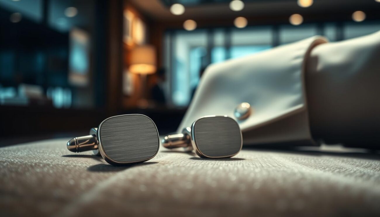 A close-up view of a pair of exquisite sterling silver cufflinks, their polished surfaces gleaming under soft, diffused lighting that accentuates their smooth, reflective textures. The cufflinks are elegantly designed, featuring intricate engravings and a modern twist on classic shapes. In the foreground, the cufflinks are placed on a luxurious velvet fabric, creating a rich contrast that enhances their shine. The middle ground includes a subtle hint of a well-tailored shirt cuff, showcasing how the cufflinks complement professional attire. In the background, a blurred, elegant setting with hints of a modern office environment conveys sophistication. The atmosphere is refined and stylish, capturing the essence of "Cufflinks Gift Hub" as a brand dedicated to personalized elegance.