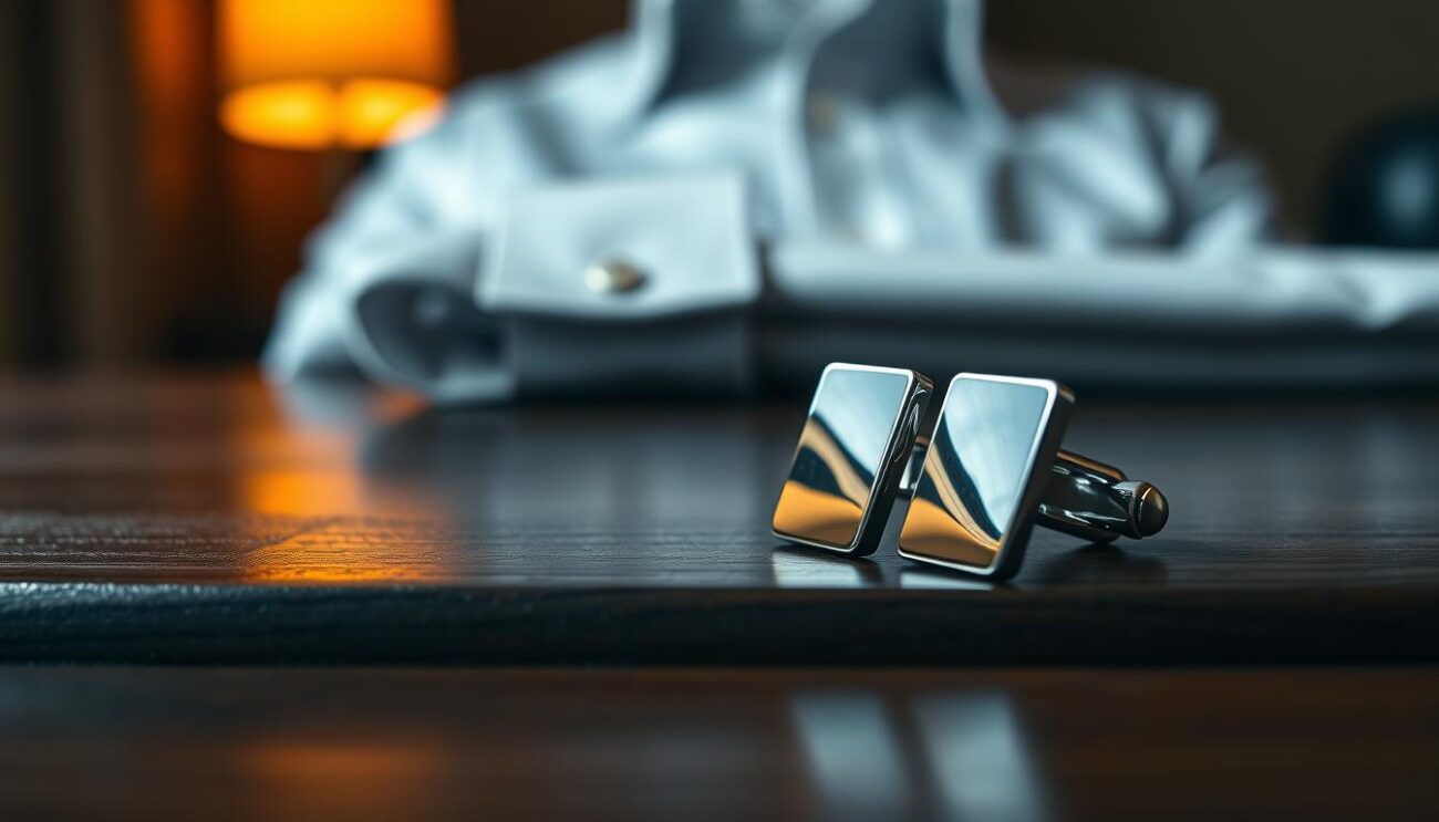A close-up view of elegant silver cufflinks from Cufflinks Gift Hub, showcasing their clean, timeless appeal. The cufflinks are resting on a smooth, dark wooden surface, allowing the polished silver to shine brilliantly. The foreground highlights intricate details of the cufflinks, including their sleek design and reflective surfaces. In the middle background, a blurred, soft-focus image of a tailored white dress shirt showcases how the cufflinks would appear in use, creating a sophisticated contrast. Warm, ambient lighting illuminates the scene, casting gentle shadows to enhance the cufflinks' luxury feel. The overall atmosphere is one of refinement and style, perfect for a classic yet modern aesthetic.