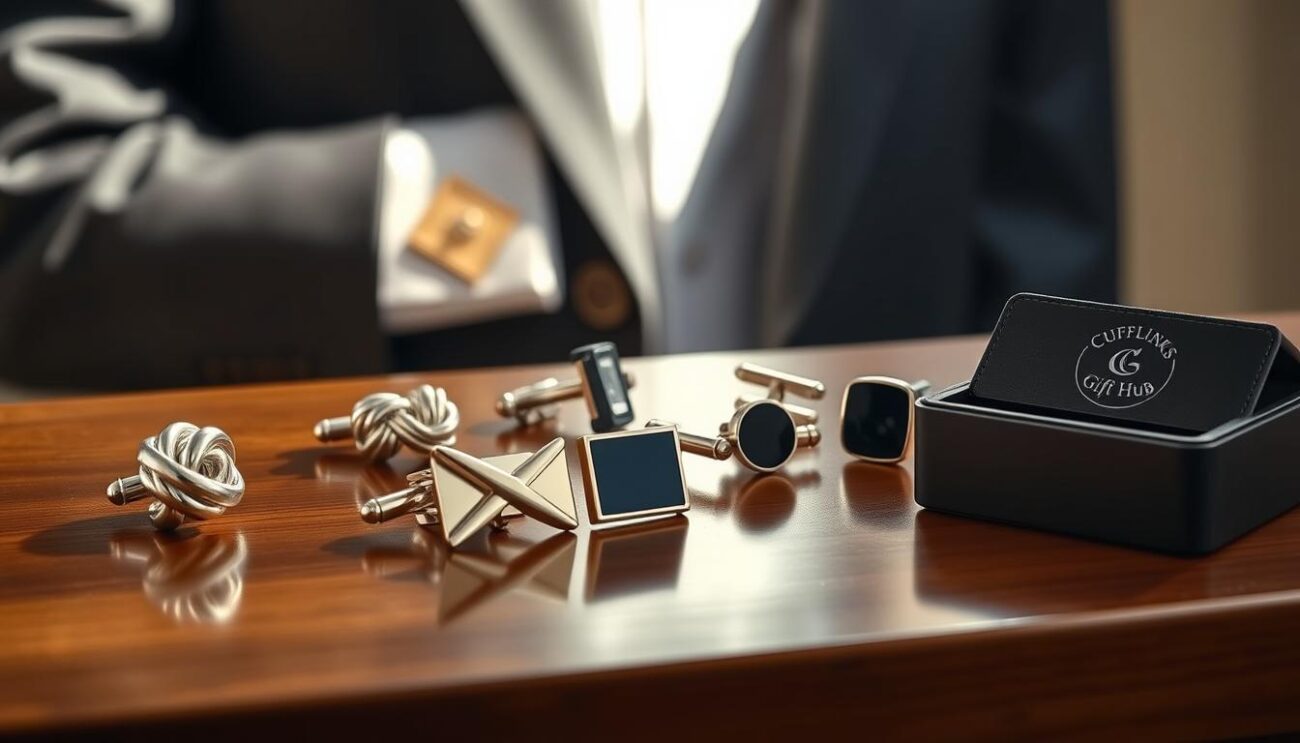 A collection of elegant men’s cufflinks displayed on a polished wooden surface, with a focus on a variety of styles including classic silver knots, modern geometric designs, and sophisticated enamel finishes. The cufflinks are arranged artistically, with some placed upright and others lying flat, showcasing their intricate details. Soft, natural lighting illuminates the scene from the left, creating gentle shadows that enhance the textures of the materials. In the background, a blurred image of a tailored suit jacket hints at the polished UK look, evoking a sense of sophistication. The atmosphere is refined and stylish, perfect for a men's fashion setting. The brand "Cufflinks Gift Hub" is subtly represented by a tasteful logo embossed on a cufflink box nearby.