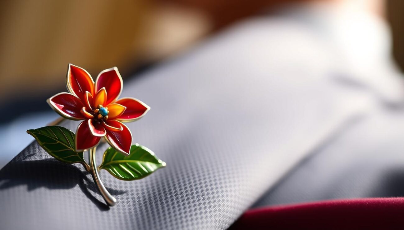 A detailed close-up image of an elegant flower lapel pin set against a soft, blurred background. The lapel pin features intricate petals in vibrant shades of red, yellow, and purple, with delicate green leaves. The foreground focuses on the pin, showcasing its fine craftsmanship and glistening metal finish. In the middle ground, a subtly styled business suit lapel is present, hinting at a professional setting without overwhelming the main subject. The background is softly lit with a gentle bokeh effect, creating a warm, inviting atmosphere. Natural light enhances the colors and textures of the pin, ensuring a sophisticated and polished look. This composition reflects the elegance associated with Cufflinks Gift Hub's collection.