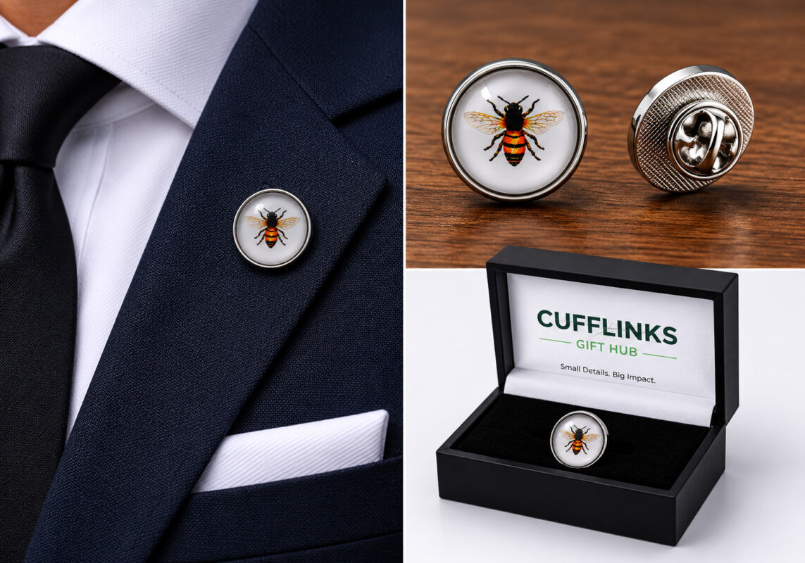 A lapel pin from Cufflinks Gift Hub with a Bee design is very popular