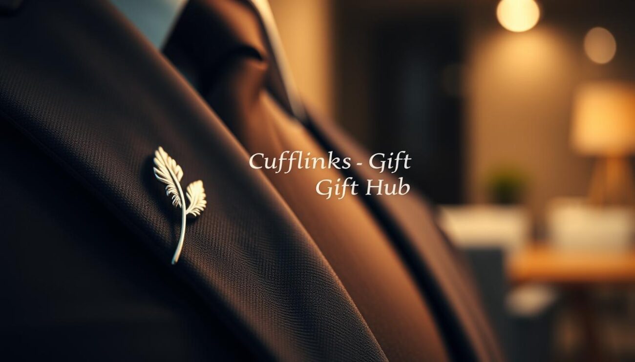 A refined lapel pin displayed prominently on a smooth, dark navy suit jacket. The pin, shaped like a delicate silver feather, glimmers softly under warm, focused lighting that highlights its intricate details. In the foreground, the texture of the suit fabric contrasts with the polished finish of the pin, creating an elegant look. The background features a blurred, sophisticated office setting with soft lighting, evoking a professional yet stylish atmosphere. The image should capture the essence of elegance and sophistication, perfect for a fashion-forward audience. Include the brand name "Cufflinks Gift Hub" subtly in the setting, emphasizing quality and style without overshadowing the lapel pin itself. The composition should be shot from a slightly elevated angle, focusing on the lapel pin's craftsmanship while all other elements remain harmoniously blended.