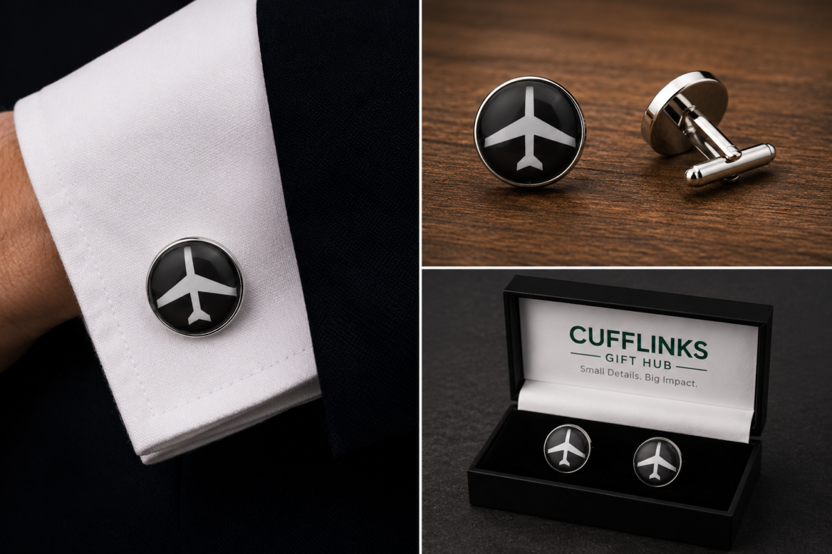 Aeroplane cufflinks in black and white