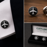Aeroplane cufflinks in black and white