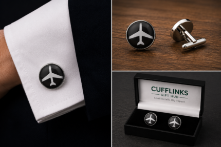 Aeroplane cufflinks in black and white
