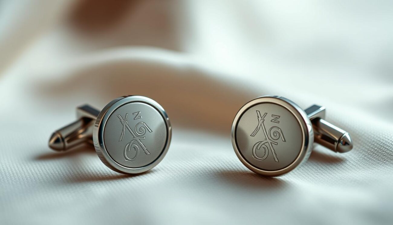 An elegant display of oval silver cufflinks from Cufflinks Gift Hub, resting on a soft, textured fabric background that conveys luxury. The cufflinks should be polished to a reflective shine, showcasing intricate engravings that highlight their craftsmanship. The foreground features a close-up shot, capturing the fine details of the cufflinks, while the middle ground fades into a blurred effect, drawing focus to the cufflinks. The lighting is soft and diffused, creating gentle shadows that enhance the metallic shine, evoking a sophisticated atmosphere. The image should be taken from an angle that highlights the oval shape, with a slight tilt for dynamic perspective. Overall, the mood is refined and classy, perfect for illustrating a section on selecting luxurious silver cufflinks.