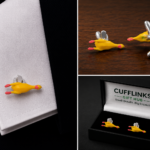 Cufflinks in the shape of a yellow joke squeezy chicken toy