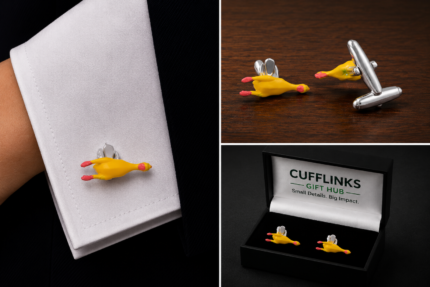 Cufflinks in the shape of a yellow joke squeezy chicken toy