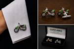 Cufflinks in the shape of a colourful motorbike