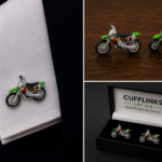 Cufflinks in the shape of a colourful motorbike