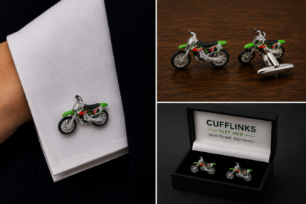Cufflinks in the shape of a colourful motorbike