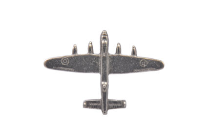 Lancaster Bomber pewter lapel pin badge featuring a detailed WWII aircraft design with butterfly clasp fastening.