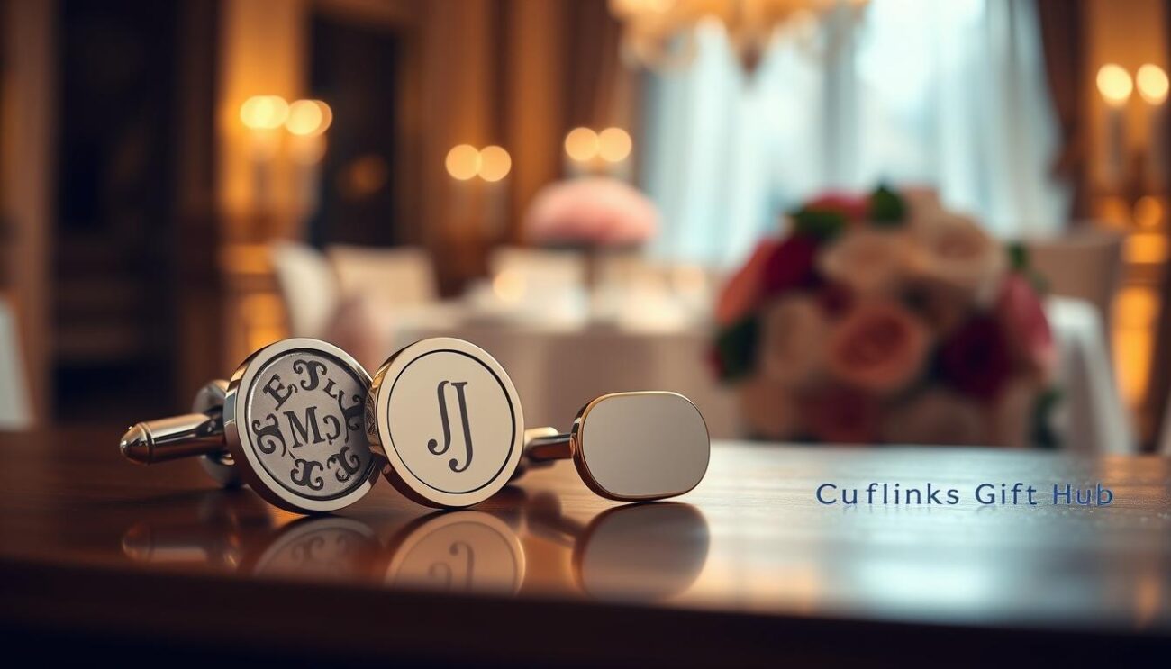 Elegant wedding cufflinks displayed prominently in the foreground, showcasing intricate designs and personalization options. The cufflinks should feature a mix of classic and modern styles, incorporating subtle elements like initials or wedding dates engraved on polished silver and gold surfaces. In the middle ground, include a soft-focus background with a blurred image of a luxurious wedding setting, such as a beautifully arranged table or a bouquet of fresh flowers. The lighting should be warm and inviting, with a slight hint of sparkle to enhance the romantic mood. Shot with a moderate depth of field to emphasize the cufflinks while still suggesting the elegance of a wedding atmosphere. Brand name "Cufflinks Gift Hub" subtly integrated within the design or displayed nearby.
