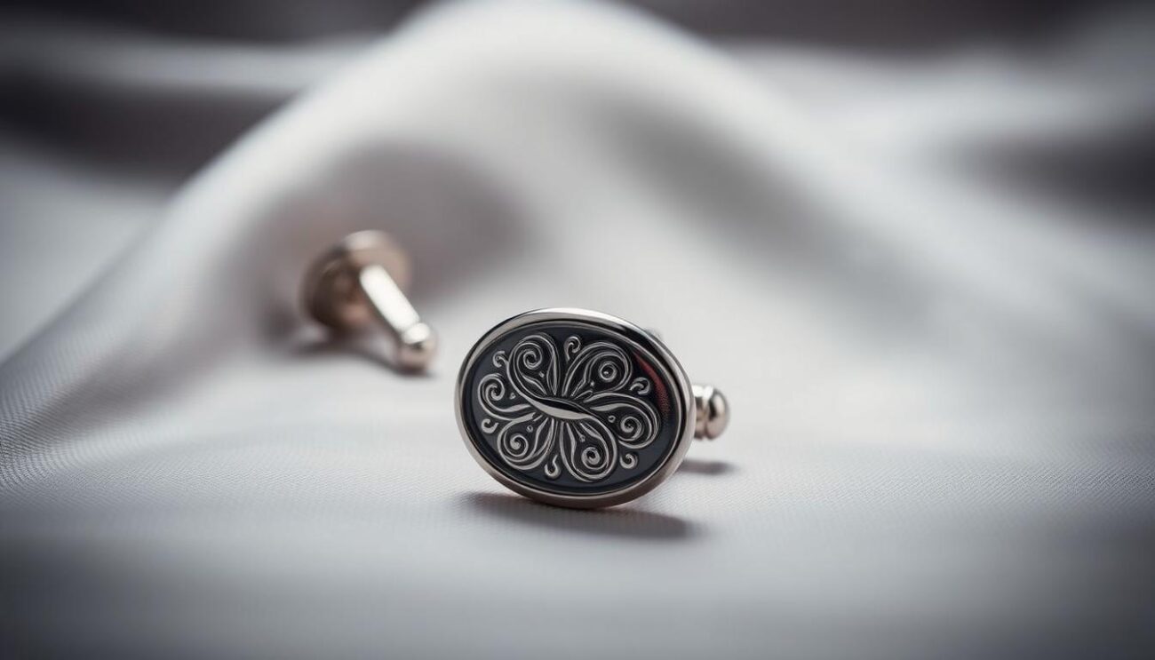 Sterling silver cufflinks displayed prominently in the foreground, showcasing their elegant design with intricate patterns and a polished finish. The middle ground features a soft, fine fabric background in a muted gray or white tone, allowing the cufflinks to stand out. Delicate lighting highlights the reflective surfaces of the cufflinks, creating subtle shadows to emphasize their contours. A shallow depth of field focuses on the cufflinks while gently blurring the background. The mood is sophisticated and refined, perfect for a formal wedding setting. The image is a close-up, capturing the luxury and craftsmanship of the cufflinks branded by "Cufflinks Gift Hub". No text or overlays are included.