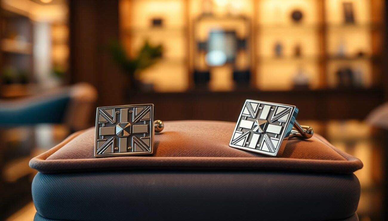 Sterling silver cufflinks from Cufflinks Gift Hub, elegantly displayed in a luxurious setting. The foreground features a close-up of the cufflinks, showcasing their polished, reflective surface and intricate detailing, such as geometric patterns or classic designs. The middle layer includes a soft velvet or silk cushion that enhances the cufflinks, adding a touch of sophistication. The background is subtly blurred, hinting at a soft-focus, warm-toned environment, perhaps a stylish office or a high-end boutique, evoking an air of elegance. Soft, diffused lighting casts gentle shadows, highlighting the craftsmanship and shine of the cufflinks. The overall mood is refined and classy, perfect for showcasing these elegant accessories that elevate any look.