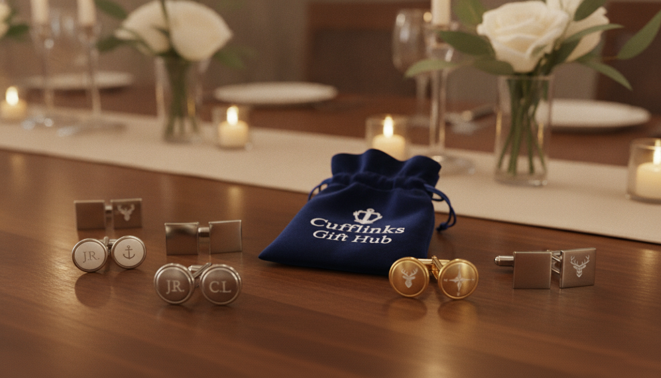 A beautifully arranged collection of personalized groomsmen cufflinks displayed on an elegant wooden surface. The foreground features intricately designed cufflinks made of high-quality silver and gold, showcasing unique engravings with initials and symbols. In the middle, a stylish velvet pouch labeled "Cufflinks Gift Hub" adds a touch of luxury. The background is softly blurred, featuring a tasteful wedding setup with subtle decorations, like delicate floral arrangements and muted lighting, creating a romantic atmosphere. The scene is illuminated by soft, warm light, casting gentle shadows, giving the image depth. The overall mood is sophisticated and refined, perfectly capturing the essence of custom luxury for groomsmen.