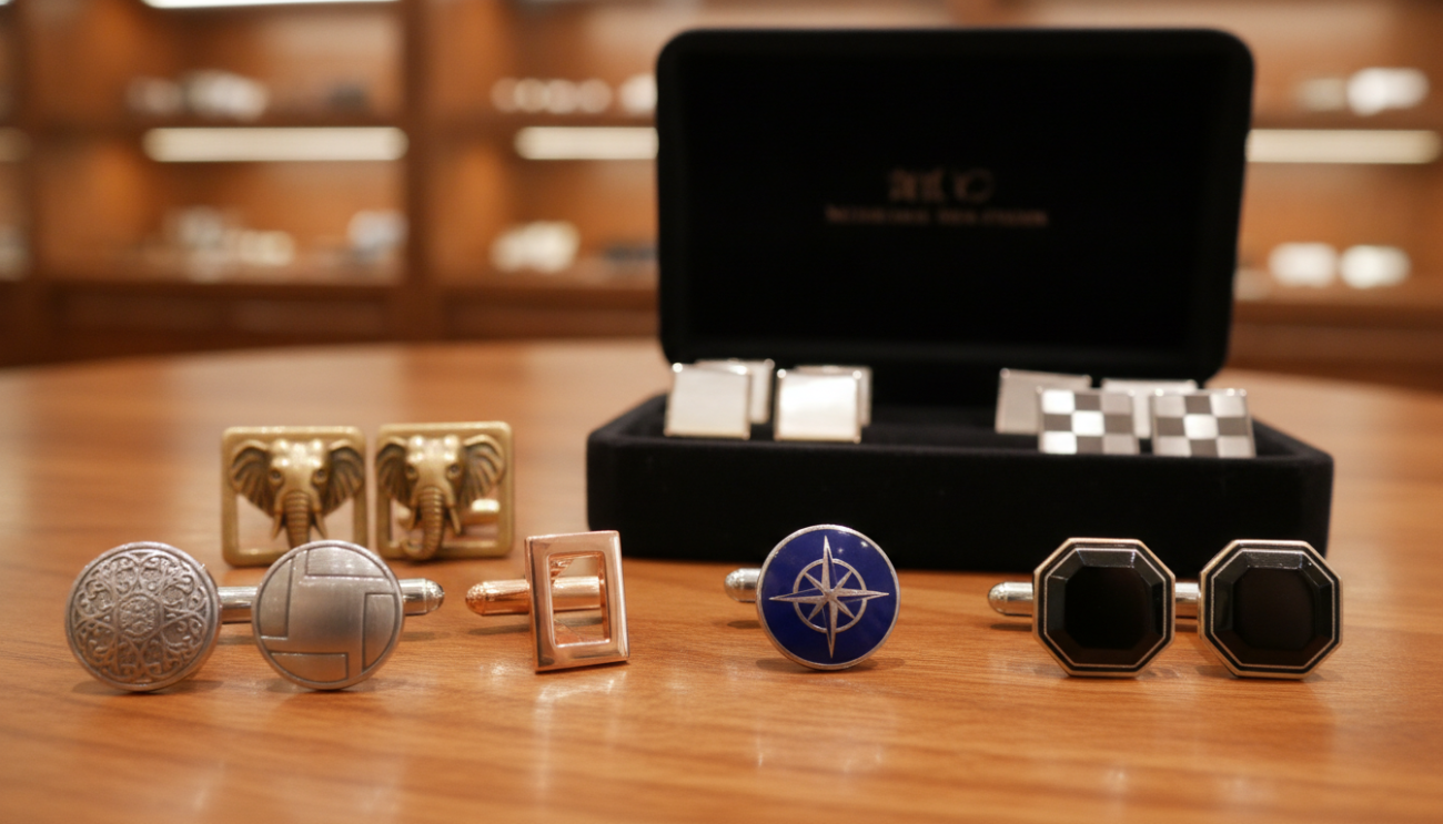 A beautifully arranged display of stylish cufflinks, emphasizing their uniqueness and craftsmanship. In the foreground, feature a selection of elegant cufflinks made from various materials like silver, gold, and enamel, showcasing intricate designs such as classic patterns, modern geometric shapes, and whimsical motifs. In the middle ground, a sleek, dark velvet box partially open reveals more cufflinks, while a polished wooden table adds warmth and sophistication. The background features soft, blurred elements of a specialty cufflink shop, hinting at luxury and choice. Soft, diffused lighting creates a refined atmosphere, highlighting the shine of the cufflinks. The image should evoke a sense of elegance and allure, ideal for those seeking premium cufflinks online in the UK.