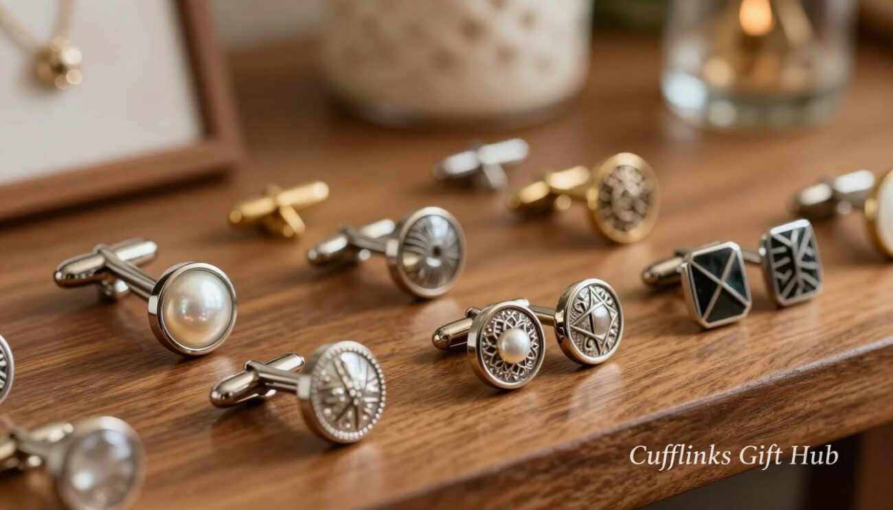 A beautifully arranged display of various wedding cufflinks laid out on a polished wooden surface, capturing their elegance. In the foreground, a pair of classic silver cufflinks glistens, adorned with intricate engravings and a subtle pearl inlay, while next to them, a modern design with a geometric pattern gleams. In the middle, a collection of cufflinks in different materials, such as gold and titanium, showcases a blend of traditional and contemporary styles. The background features soft, blurred wedding-themed decor, enhancing the celebratory atmosphere. The lighting is warm and inviting, illuminating the cufflinks while casting gentle shadows, shot from a slightly elevated angle to create depth and focus. Include the words "Cufflinks Gift Hub" stylishly integrated into the scene, emphasizing a premium feel.