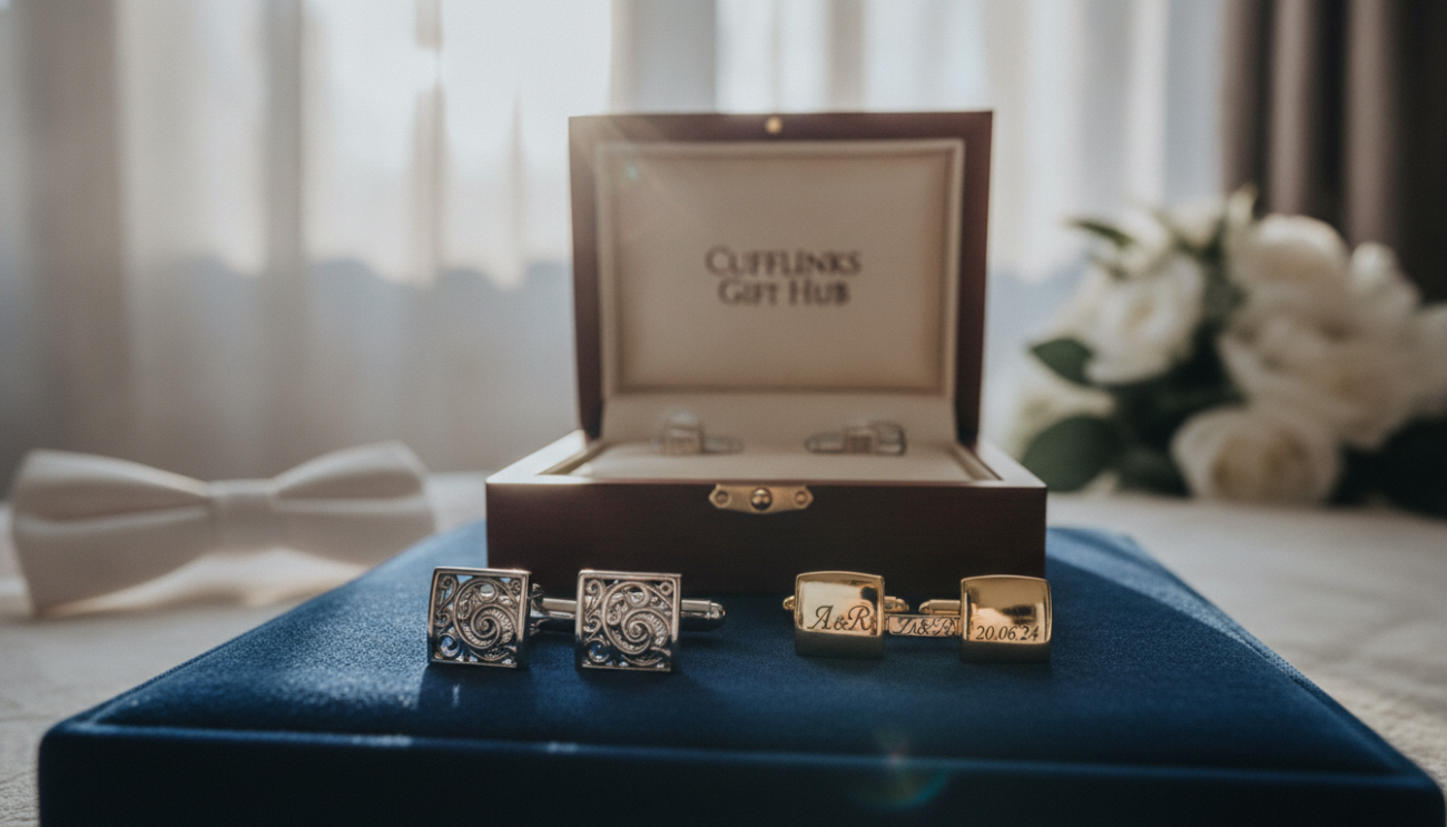 A beautifully arranged display of wedding day cufflinks from Cufflinks Gift Hub, showcasing exquisite craftsmanship. In the foreground, feature two pairs of cufflinks: one set in polished silver with intricate filigree designs, and another in classic gold with a subtle engraving. Place them elegantly on a soft, dark velvet fabric for contrast. In the middle, include a wooden box partially open, highlighting the luxurious interior lining. In the background, soft natural light streams through a window, creating a warm and inviting atmosphere. Use a shallow depth of field to softly blur the background, ensuring the cufflinks remain the focal point. The scene should convey elegance and sophistication, evoking the special significance of wedding day accessories while suggesting care and attention in their presentation.