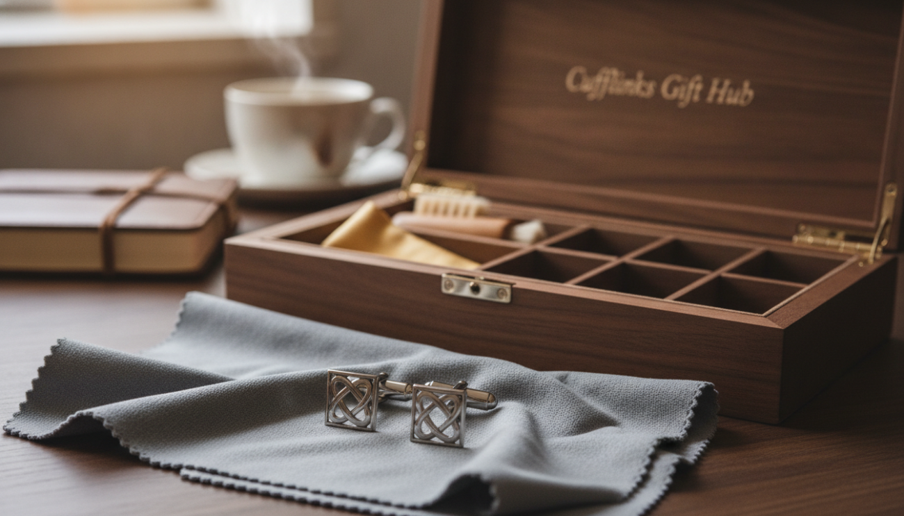 A beautifully arranged flat lay depicting the care and maintenance of elegant groom cufflinks from "Cufflinks Gift Hub". In the foreground, highlight a pair of polished silver cufflinks with intricate designs, surrounded by soft, luxurious cloth for cleaning. In the middle, include a divided wooden box showcasing various maintenance tools such as a polishing cloth, a gentle brush, and cufflink storage compartments. The background features a softly blurred, elegantly styled workspace with warm lighting to create a sophisticated atmosphere. Use a shallow depth of field to enhance focus on the cufflinks while capturing the essence of refined craftsmanship. Aim for a cozy and inviting mood, ideal for a groom's preparation.