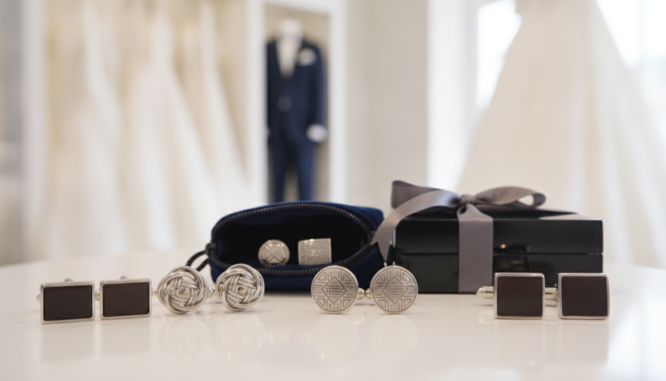 A beautifully arranged flat lay showcasing exquisite cufflinks suitable for groomsmen. In the foreground, a selection of elegantly designed cufflinks in various styles, including classic silver knots, sophisticated geometric patterns, and subtle leather accents. In the middle, a plush velvet pouch partially opened to reveal more cufflinks, along with a polished cufflink box adorned with a sleek ribbon. The background features a blurred, soft-focus setting of a sophisticated bridal shop, with elegant wedding attire subtly visible to enhance the romantic atmosphere. Soft, natural lighting filters in, creating a warm and inviting glow. Capture this scene with a shallow depth of field to emphasize the intricate details of the cufflinks while keeping the background lightly blurred, suggesting timeless elegance and quality craftsmanship.