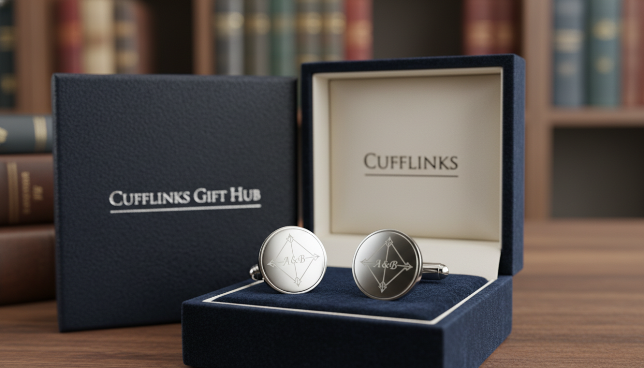 A beautifully arranged pair of personalized groom cufflinks positioned elegantly on a soft, velvet display. The cufflinks feature intricate engravings of initials and a subtle, luxurious design representing modern sophistication. In the foreground, the cufflinks shine under soft, diffused lighting that highlights their polished surface. The middle ground showcases a tasteful gift box partially open, revealing a silk lining, enhancing the premium feel. The background is a blurred, elegant setting resembling an upscale boutique or a refined study, adding depth and context. The overall mood is celebratory and elegant, embodying a perfect gift for a groom. The brand "Cufflinks Gift Hub" is subtly indicated on the gift box, seamlessly integrated into the design.