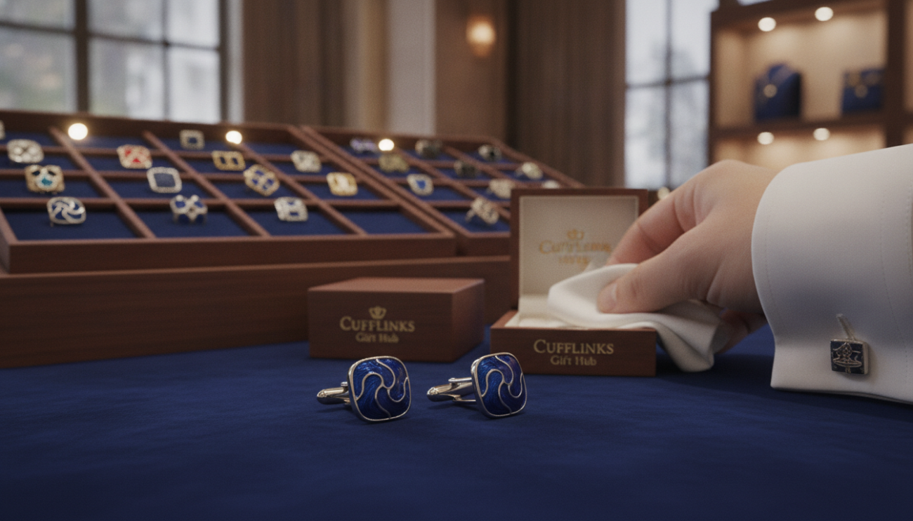 A beautifully arranged scene illustrating the care for unique cufflinks from Cufflinks Gift Hub. In the foreground, a pair of intricately designed cufflinks, featuring a blend of polished silver and deep blue enamel, are elegantly displayed on a soft, plush velvet cloth. Nearby, a professional hand, wearing a tailored dress shirt, gently holds a cleaning cloth, conveying the meticulous care that these premium accessories require. The middle ground features a subtly lit wooden display case filled with a variety of cufflinks, showcasing their craftsmanship. In the background, warm, diffused lighting creates a cozy, inviting atmosphere, reminiscent of a sophisticated jewelry store. The overall mood is one of elegance and refinement, emphasizing the importance of caring for these exceptional pieces.