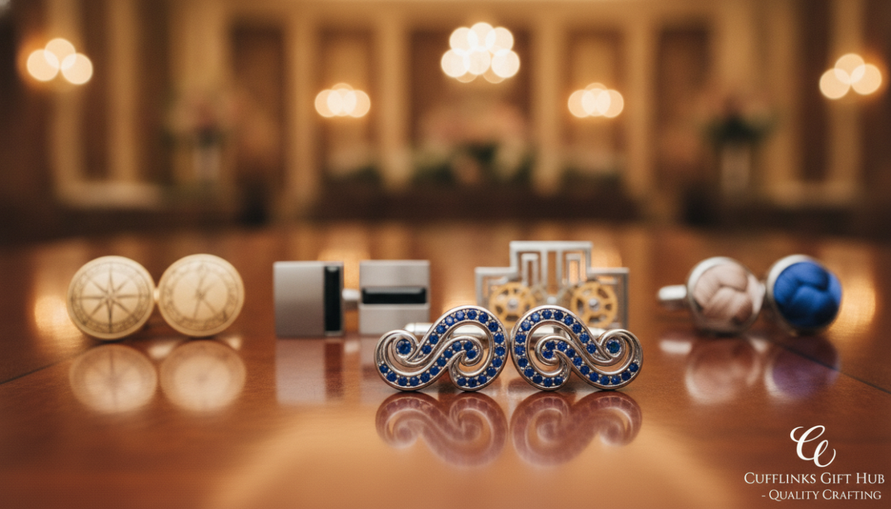 A beautifully arranged set of unique groom cufflinks showcased on a polished mahogany surface. In the foreground, focus on a pair of elegantly designed cufflinks featuring intricate patterns and gemstones, reflecting light subtly. The middle layer should include a soft-focus effect of additional cufflink designs, hinting at their uniqueness, including vintage styles and modern minimalism. The background is softly blurred, suggesting a luxurious wedding venue ambience with warm, ambient lighting that creates a romantic and classy atmosphere. The scene evokes timeless elegance, perfect for grooms and their groomsmen. Shot with a 50mm lens at a slight angle to emphasize the texture and details of the cufflinks, this image represents quality crafting from Cufflinks Gift Hub.