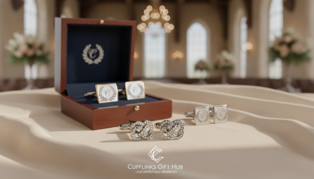 A beautifully arranged set of wedding cufflinks elegantly displayed on a soft, luxurious fabric background, exuding timeless elegance and sophistication. The foreground features a pair of intricately designed silver cufflinks with sparkling gemstones, reflecting the soft ambient light. The middle ground includes a sleek, open cufflink box showcasing more stunning cufflinks, each crafted with precision and artistry. In the background, a blurred effect of a classic wedding venue subtly hints at a romantic atmosphere. The lighting is warm and inviting, casting gentle shadows that enhance the details of the cufflinks. The image emanates a mood of refinement and prestige, perfect for showcasing the exquisite offerings from Cufflinks Gift Hub, inviting couples to choose cufflinks for their unforgettable wedding day.