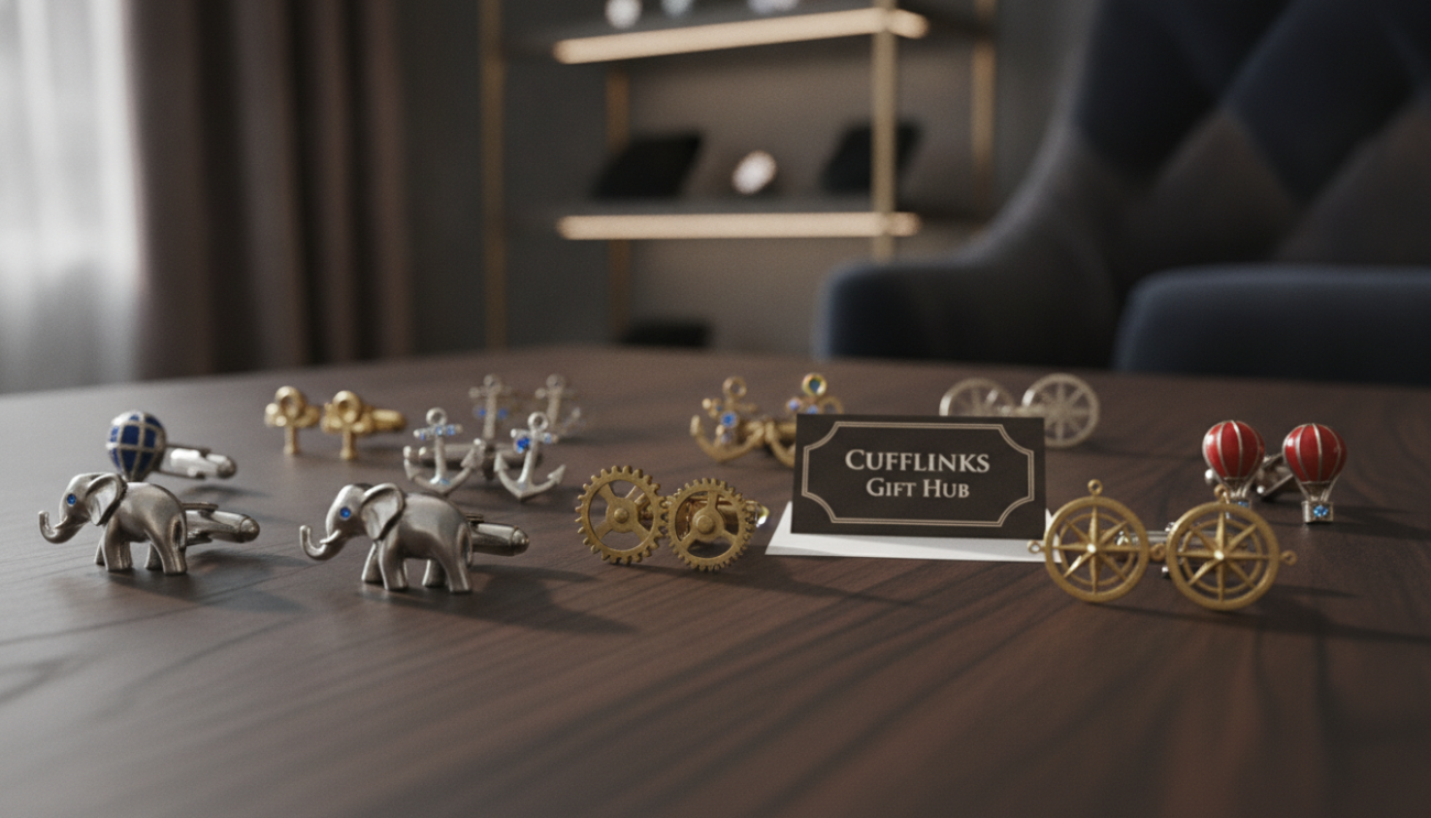 A close-up composition of exquisite novelty cufflinks displayed on a polished wooden surface, showcasing a variety of unique designs including animal motifs, vintage gears, and whimsical symbols. The foreground features intricate details of each cufflink, highlighting their craftsmanship and vibrant colors. Soft, diffused natural light subtly illuminates the scene from the left, creating gentle shadows that enhance textures. In the background, elegantly blurred, an upscale retail setting reflects sophistication, with hints of plush fabric and luxurious decor. The mood is refined and confident, evoking a sense of style and individuality. The brand name "Cufflinks Gift Hub" is slightly visible on a stylish display card among the cufflinks, reinforcing the theme of curated elegance without any distracting text or overlays.