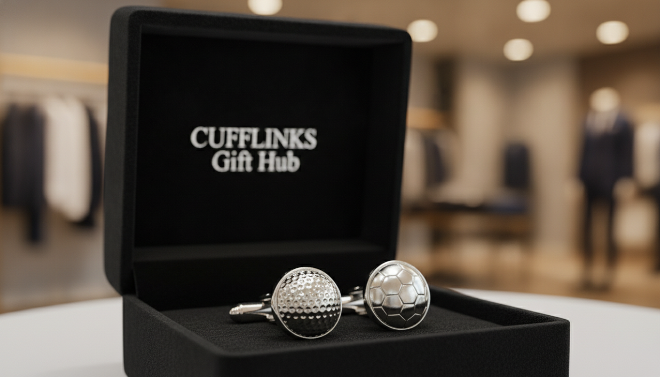 A close-up composition of exquisite sport cufflinks featuring a golf ball design and a football emblem, crafted in polished silver with luxurious detailing. In the foreground, the cufflinks shine brightly, reflecting soft, natural light that highlights their intricate features. The middle ground showcases an elegant black velvet display box slightly ajar, emphasizing sophistication and exclusivity. In the subtle background, blurred hints of a stylish clothing store interior can be seen, suggesting a chic shopping atmosphere. Capture the mood of confidence and refinement, evoking a sense of luxury. The brand name "Cufflinks Gift Hub" should be incorporated within the context of the display, enhancing the overall appeal of the cufflinks. Use a macro lens effect for clarity and detail, with a warm color palette that creates an inviting ambiance.
