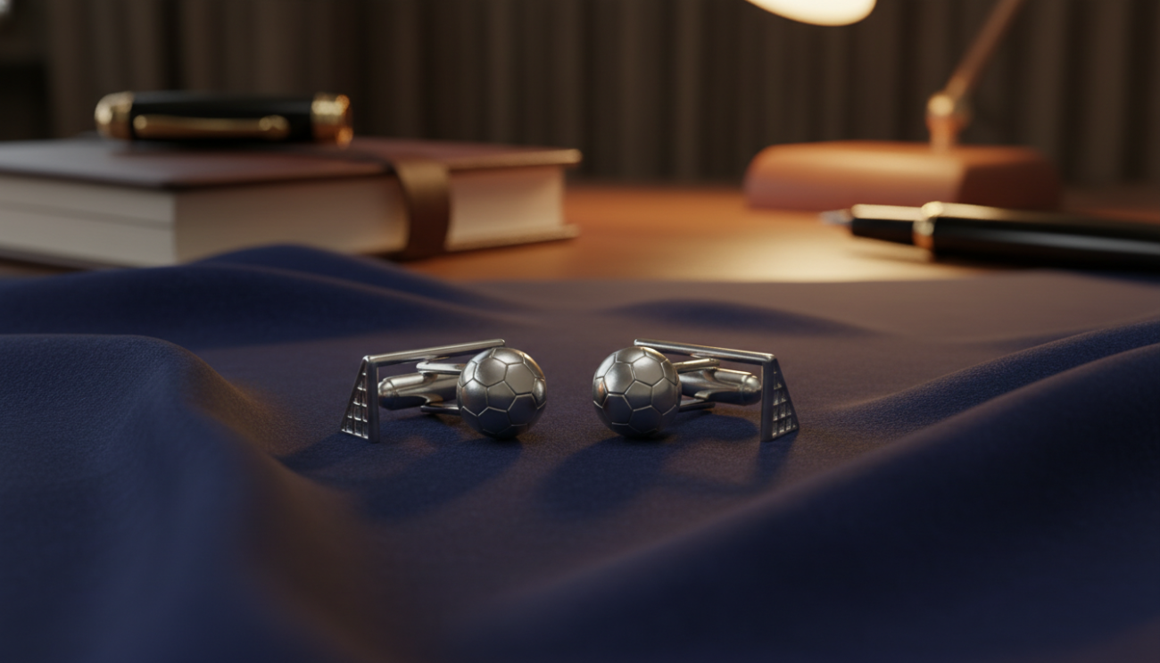 A close-up image of elegant football cufflinks, featuring a polished silver finish with intricate detailing that resembles a soccer ball and goalpost. The cufflinks are displayed prominently in the foreground, resting on a luxurious navy blue silk fabric that drapes elegantly. In the background, a softly blurred wooden desk setup creates a sophisticated atmosphere, complemented by warm, ambient lighting that highlights the sheen of the cufflinks. Use a shallow depth of field to ensure the cufflinks are sharply in focus while the background remains soft. The overall mood should convey luxury and craftsmanship, appealing to the stylish and football-loving professional.