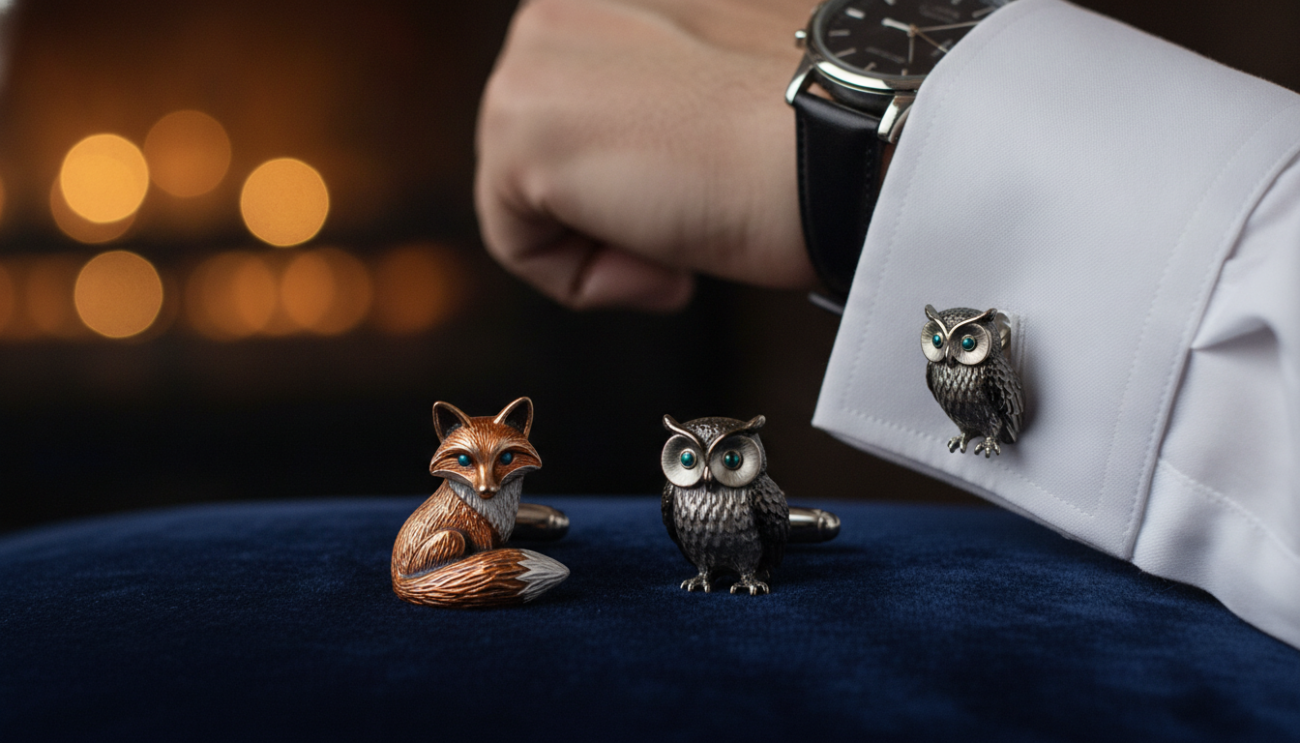 A close-up image of premium animal cufflinks designed by Cufflinks Gift Hub, showcasing intricate craftsmanship. The foreground features a pair of elegantly crafted cufflinks shaped like a fox and an owl, highlighting their detailed textures, metallic sheen, and vibrant colors against a soft, rich fabric background. In the middle ground, a hand reaches elegantly to adjust a crisp white dress shirt sleeve, adding a touch of sophistication. The background is softly blurred, with bokeh effects emphasizing a warm golden light that creates an inviting atmosphere. The overall mood is refined and luxurious, inviting viewers to appreciate the symbolism behind wearing animal cufflinks, highlighting elegance and individuality. The image should be clean, clear, and free of any text or logos.