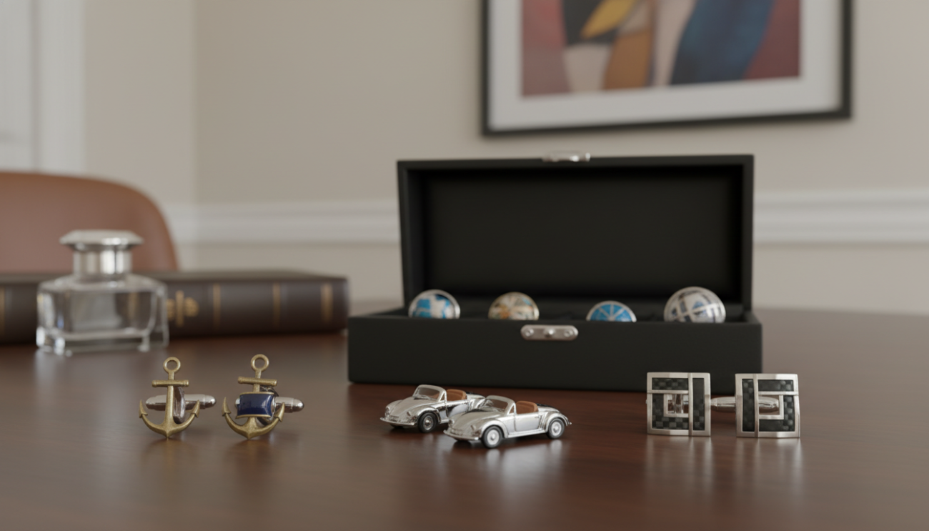 A close-up image showcasing a variety of unique cufflinks displayed elegantly on a polished wooden surface. The foreground features a selection of cufflinks designed with themes such as vintage cars, nautical elements, and abstract geometric shapes, each glistening under soft, diffused lighting that highlights their intricate details. In the middle, a stylish black cufflink box partially opened reveals more artistic pieces, hinting at sophistication and luxury. The background remains softly blurred, depicting a tastefully decorated office space with neutral tones and classy decor, enhancing the overall refined atmosphere. Capture the image from a slight overhead angle to emphasize the craftsmanship of the cufflinks while maintaining a sense of elegance and professionalism. The mood should evoke a sense of appreciation for fashion and style, perfect for discerning gentlemen.