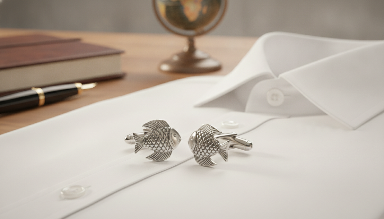 A close-up image showcasing premium men's fish cufflinks by Cufflinks Gift Hub, designed with intricate detailing reflecting a sophisticated marine theme. The foreground features the cufflinks, glistening with a polished finish, capturing the light and highlighting their elegant design. In the middle ground, a neatly folded white dress shirt is visible, suggesting a professional attire context. In the background, a soft-focus setting of a luxurious wooden desk, adorned with stylish accessories, enhances the ambiance of timeless elegance. The lighting is warm and inviting, casting gentle shadows that add depth. The overall mood is refined and classy, perfect for illustrating the art of pairing these cufflinks with upscale outfits.