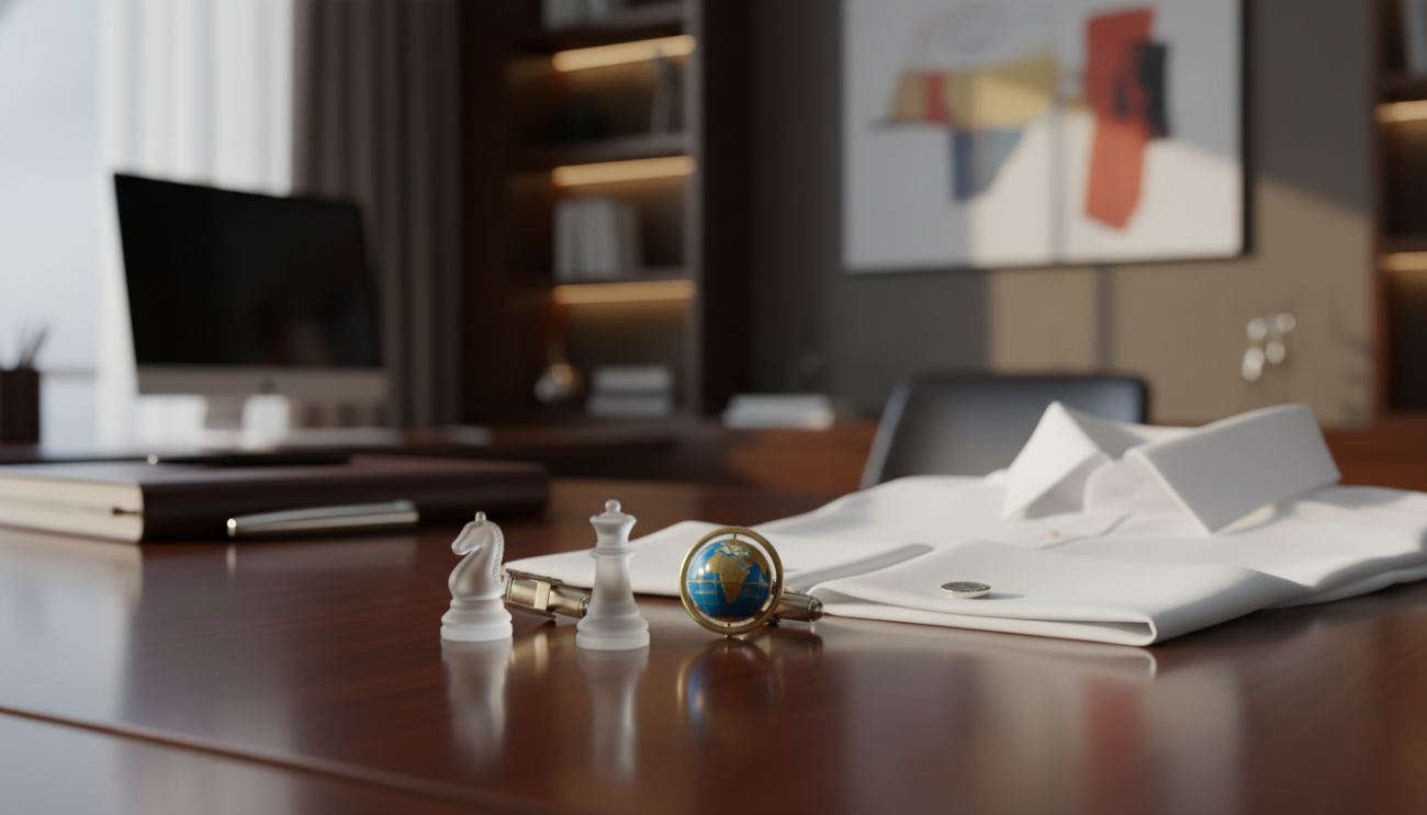 A close-up of elegant novelty cufflinks prominently displayed on a polished wooden desk in a professional office setting. The foreground features the unique cufflinks, designed with subtle themes like chess pieces and miniature globes, catching the soft glow from a nearby window. In the middle ground, a neatly folded business shirt with French cuffs is slightly visible, suggesting the cufflinks are ready to be worn. The background includes a blurred view of a modern office space with rich, warm lighting, adding a sophisticated atmosphere. The composition is shot from a slightly elevated angle, emphasizing the cufflinks as a stylish yet appropriate choice for the professional environment. The overall mood conveys creativity merged with professionalism, highlighting when novelty cufflinks can enhance office attire.