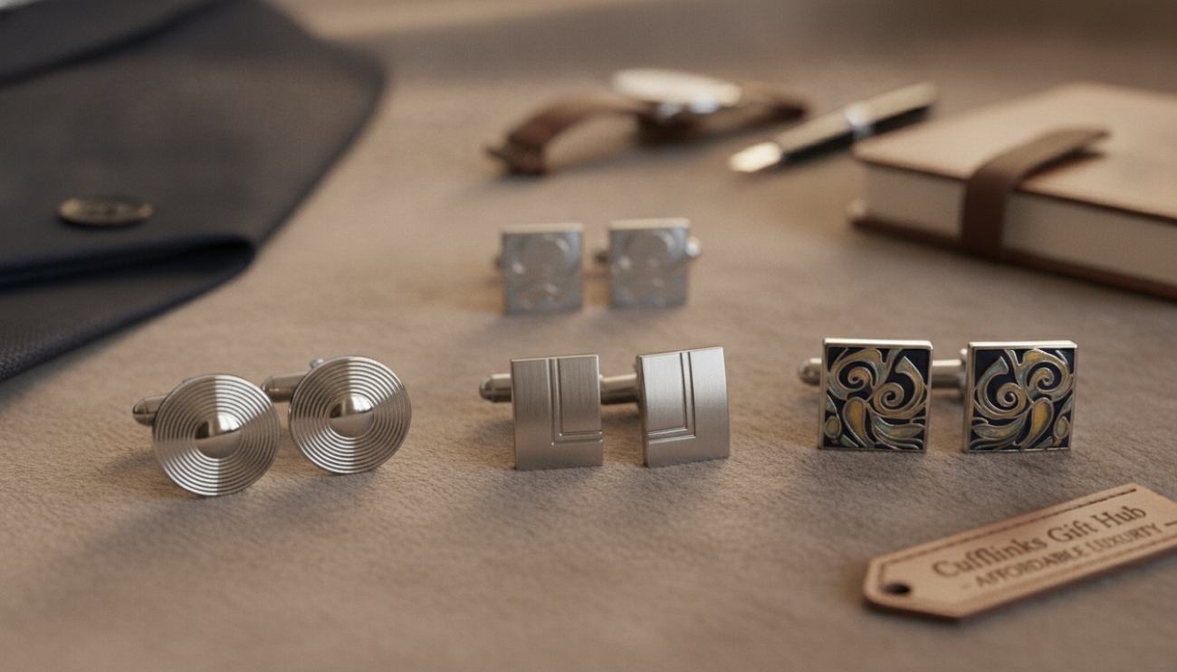 A close-up view of an elegant array of affordable cufflinks from Cufflinks Gift Hub, displayed on a soft, neutral-toned velvet fabric. The cufflinks are various styles: classic silver round, modern rectangular, and artistic designs featuring subtle patterns. The foreground highlights the rich textures and intricate details of the cufflinks, while a gentle bokeh effect blurs the midground. Soft, diffused lighting creates a warm and inviting atmosphere, emphasizing the brilliance of the materials. In the background, indistinct shadows of decorative elements suggest a sophisticated lifestyle without drawing focus. The overall mood is refined and tasteful, reflecting the personal style of the wearer.