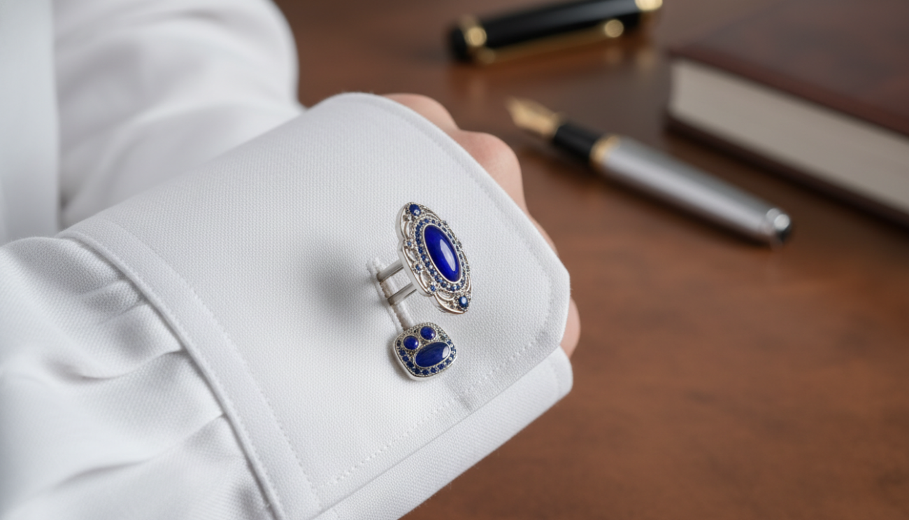 A close-up view of elegant cufflinks resting on a pristine white dress shirt, the fabric showing fine linen texture and subtle sheen. The cufflinks should be intricately designed with a classic style, perhaps featuring silver or gold with a hint of enamel or gemstone detailing. In the foreground, focus on the cufflink as it’s fastened to the shirt cuff, showcasing the contrast between the cufflink’s luster and the shirt's soft texture. The lighting should be soft and diffused, highlighting the cufflinks while creating gentle shadows for depth. In the background, a blurred, sophisticated setting, like a tastefully arranged wooden desk or a subtle hint of a well-organized office, to evoke a mood of timeless elegance and professionalism. Capture it at an angle that emphasizes both the cufflinks and the shirt's cuffs.