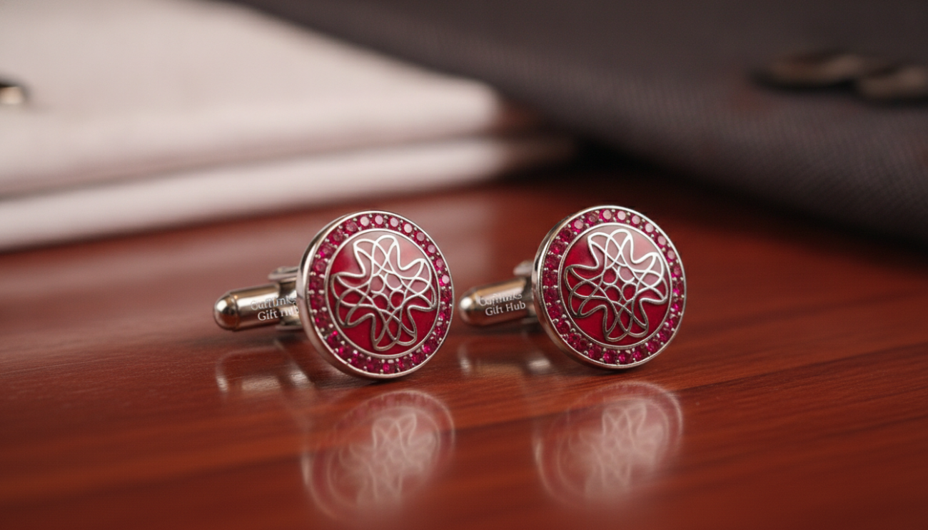 A close-up view of exquisite men's red cufflinks displayed elegantly on a polished wooden surface. The cufflinks are crafted from high-quality materials, showcasing intricate designs with a glossy finish that reflects light beautifully. Soft, warm lighting enhances the rich red color, creating a sense of luxury and sophistication. The image should capture a shallow depth of field, with the cufflinks as the main focus, while a subtle blurred background hints at a stylish men's wardrobe or dress shirt. The overall atmosphere conveys timeless elegance and refined style, perfect for those seeking quality accessories. Brand name: Cufflinks Gift Hub.