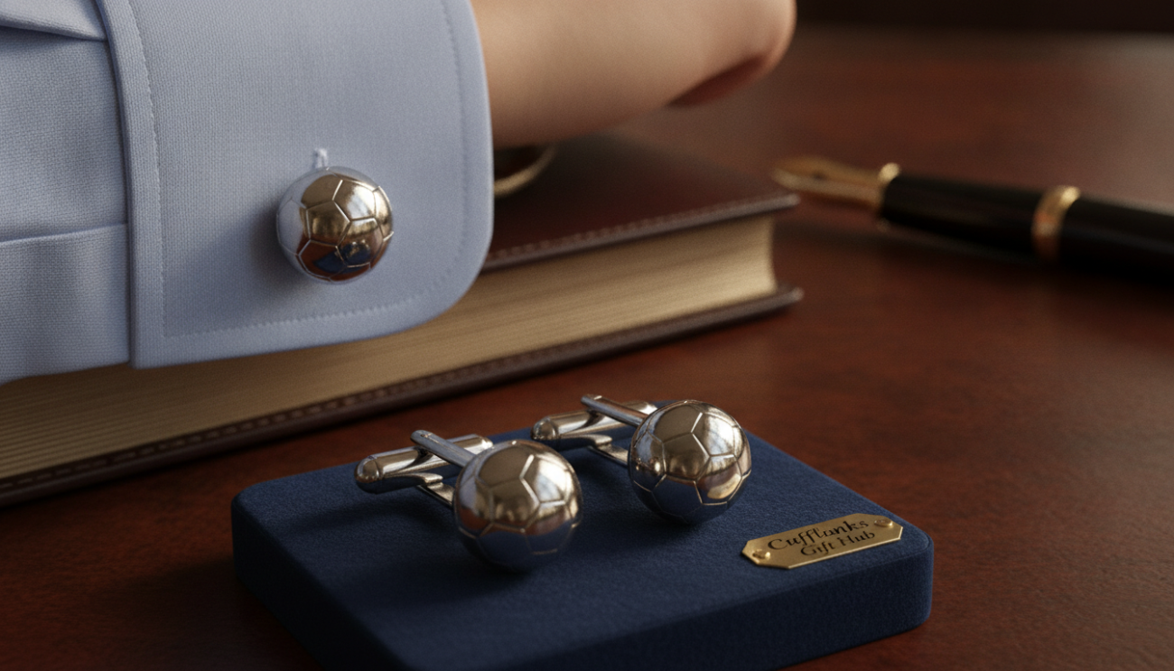 A luxurious display of men's accessories focused on premium football cufflinks from "Cufflinks Gift Hub". In the foreground, a pair of intricately designed cufflinks shaped like footballs, shimmering with a polished finish, positioned on a soft, dark velvet fabric. In the middle, a stylish, elegant shirt cuff slightly rolled back, showcasing the cufflinks in a refined business setting. The background features a blurred out elegant wooden desk with subtle lighting that highlights the cufflinks, creating a sophisticated atmosphere. The warm, ambient lighting casts soft shadows, enhancing the details of the accessories. The image captures a sense of tradition and refinement in British culture, emphasizing elegance and style that cufflinks bring to formal attire.
