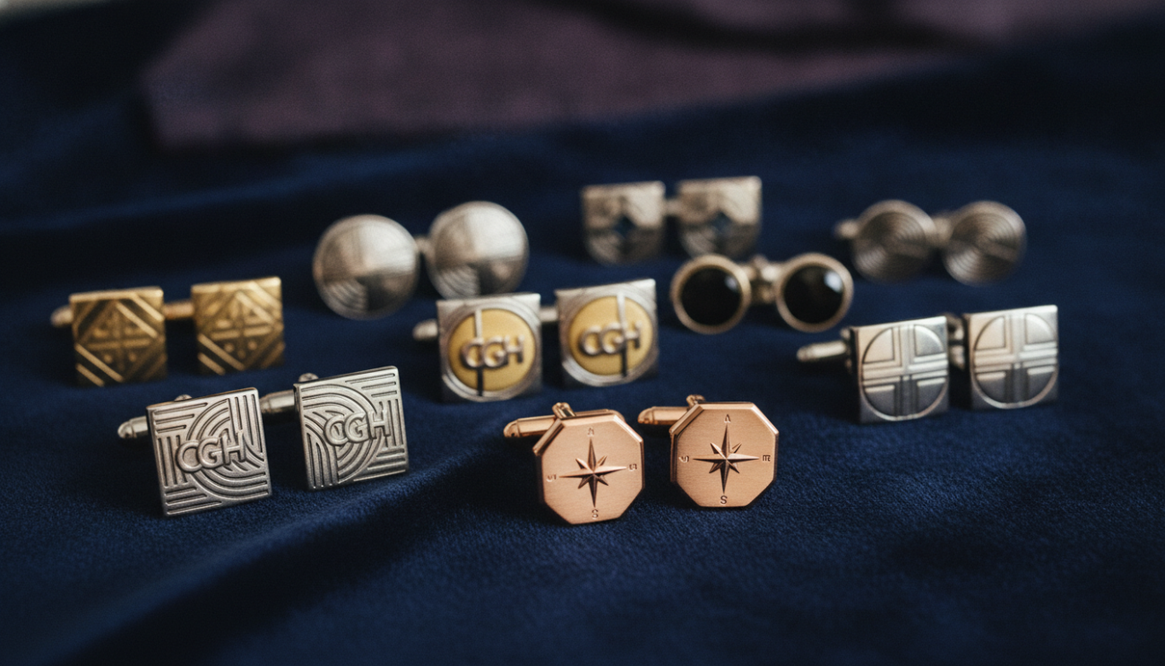 A luxurious display of the best groomsmen cufflinks arranged elegantly on a soft, dark velvet surface. The cufflinks feature a mix of classic designs in polished silver and gold tones, emphasizing intricate details such as geometric patterns and monogrammed initials, representing "Cufflinks Gift Hub." In the foreground, a pair of cufflinks is highlighted under warm, soft lighting, showcasing their shine and craftsmanship. In the middle ground, additional cufflinks are artfully arranged, creating a sense of depth and variety. The background fades softly into a blurred fabric texture, enhancing the focus on the cufflinks. The atmosphere is sophisticated and refined, perfect for elevating wedding style, evoking emotions of elegance and celebration.