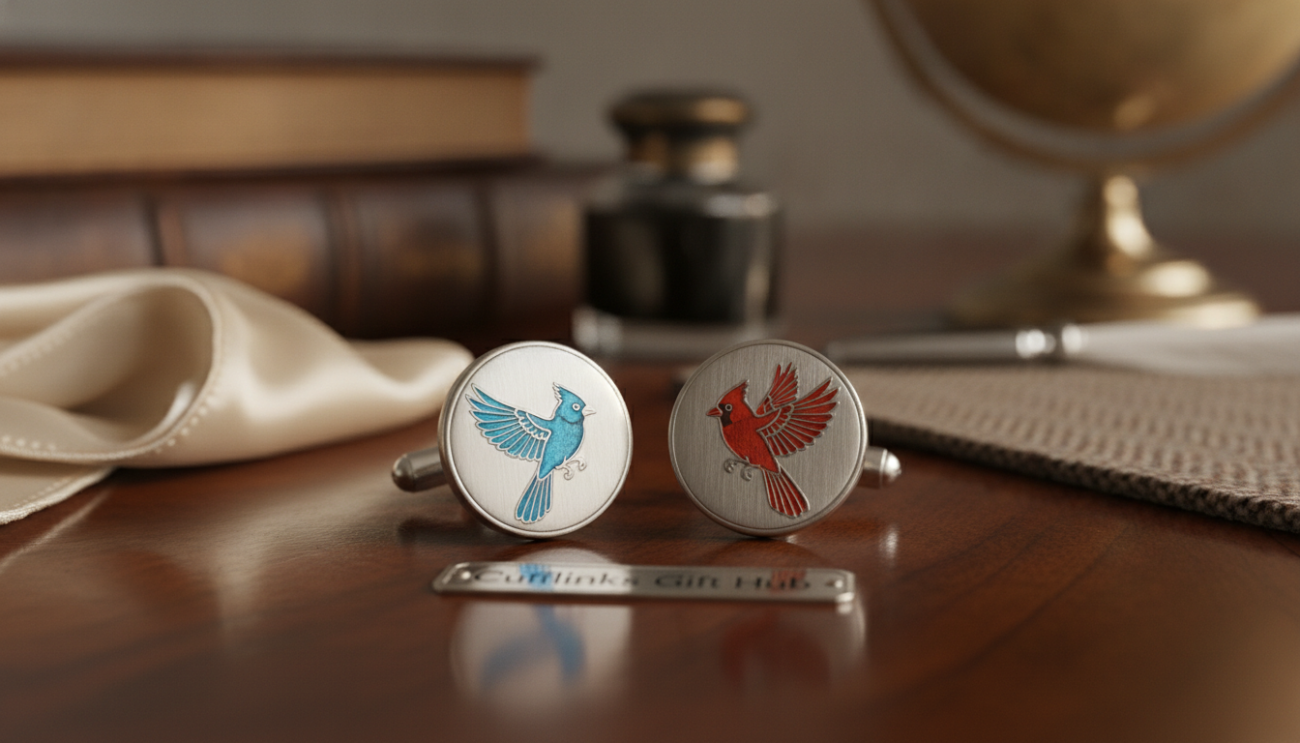 A pair of elegant bird cufflinks crafted from high-quality silver, each featuring intricate engravings of popular bird species, including a vibrant bluebird and a striking cardinal. The foreground highlights these cufflinks on a polished wooden surface, reflecting light and showcasing their detailed designs. In the middle ground, soft fabric texture adds warmth and sophistication, while in the background, blurred silhouettes of classic, upscale office décor create an atmosphere of professionalism and luxury. The lighting is soft and ambient, creating a warm glow that enhances the metallic sheen of the cufflinks. Shot with a macro lens to emphasize details, the overall mood conveys sophistication and confidence, perfect for the discerning gentleman. Brand name displayed subtly: "Cufflinks Gift Hub".