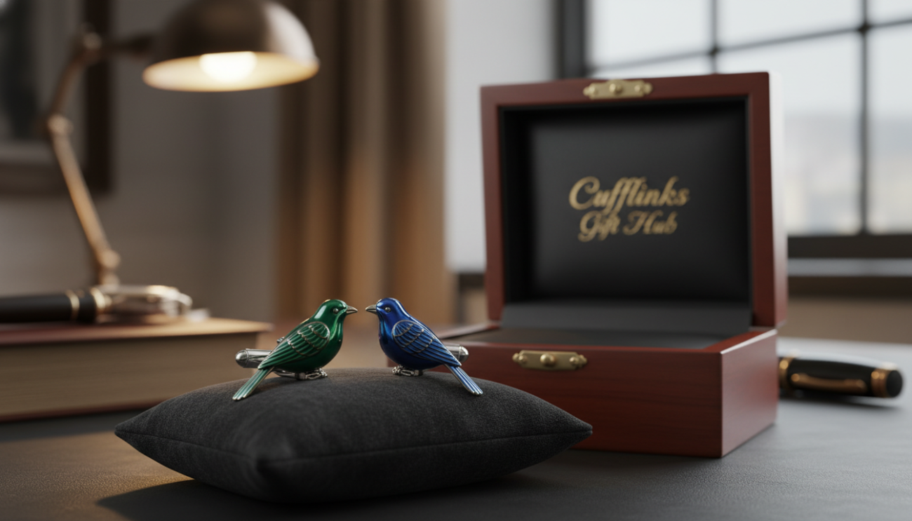 A pair of elegant bird cufflinks designed for sophistication, featuring a realistic, polished finish with intricate feather details. The cufflinks are displayed prominently in the foreground, showcasing their vibrant colors like deep emerald green and rich sapphire blue on a dark velvet surface. In the middle ground, a soft-focus setting includes a classic wooden cufflink box, hinting at luxury. The background features a blurred, warm-toned office environment with soft golden lighting to evoke a sense of confidence and professionalism. The image should suggest an atmosphere of refinement, suitable for discerning gentlemen. Ensure "Cufflinks Gift Hub" branding is subtly included on the cufflink box, creating a cohesive and stylish presentation.