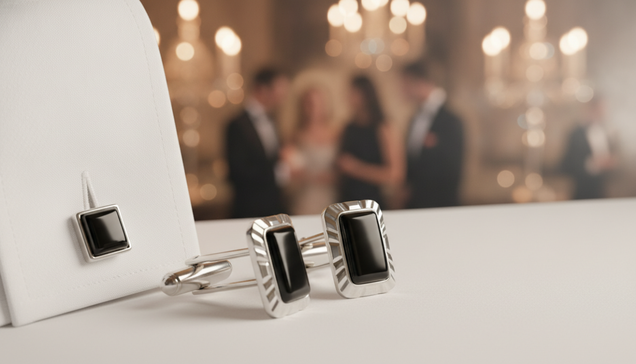A pair of elegant men's black tie cufflinks in the foreground, showcasing their intricate design and polished finish. The cufflinks are silver with onyx inlays, reflecting light subtly to highlight their sophistication. In the middle ground, a fine white dress shirt with French cuffs is partially visible, providing context for the cufflinks. The background features a blurred, dark, elegant setting reminiscent of a formal event, with soft, warm lighting that creates an inviting and luxurious atmosphere. The image is taken at a slight angle to emphasize the cufflinks, capturing their details while maintaining a refined, classy mood suitable for discussing care and maintenance.