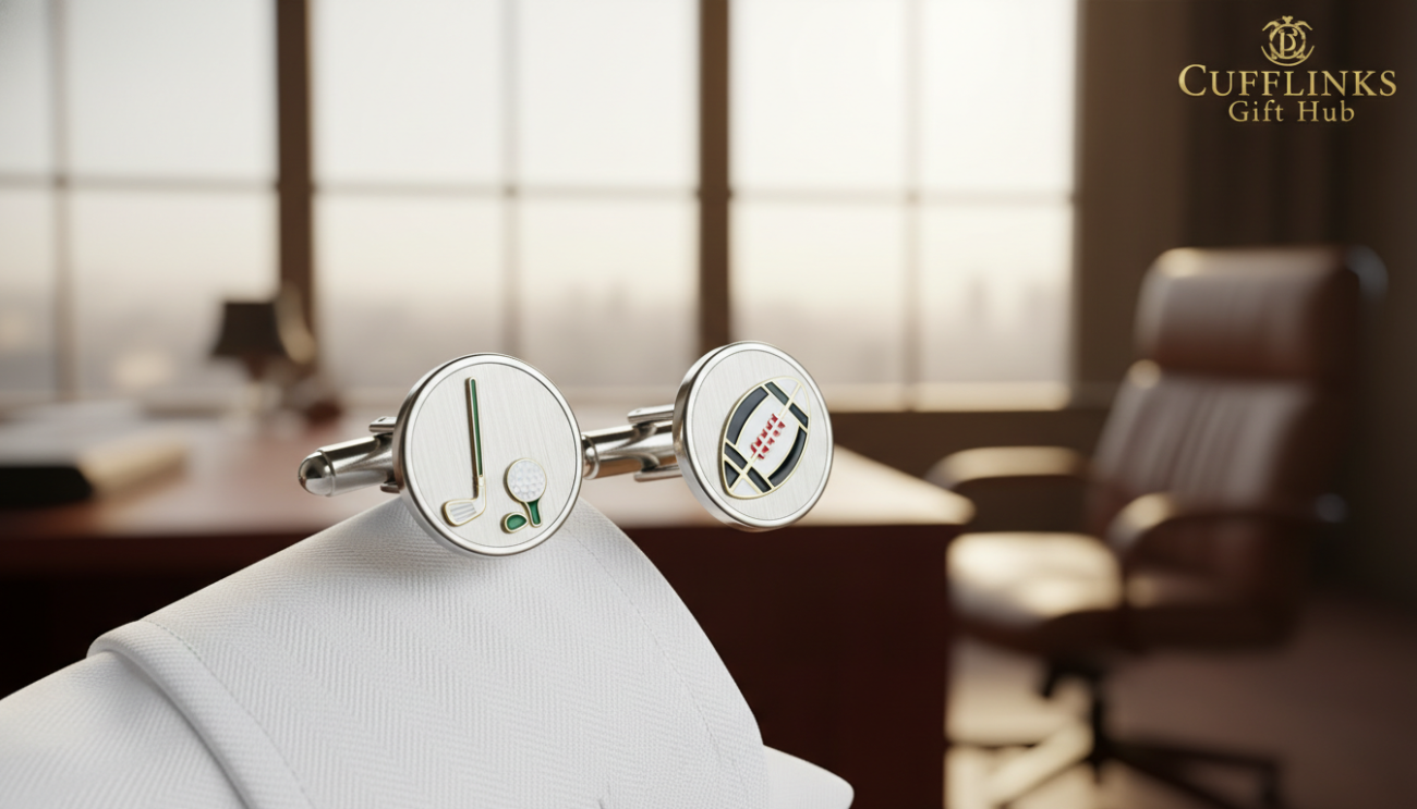 A pair of elegant sport cufflinks displayed prominently in the foreground, showcasing a refined design inspired by golf and football motifs, with polished metal finishes and vibrant enamel colors. The middle layer features a richly textured fabric cuff of a crisp white dress shirt, subtly hinting at sophistication and style. In the background, a softly blurred view of an upscale office setting, with warm lighting that creates an inviting atmosphere. The composition captures a close-up angle to highlight the craftsmanship and detail of the cufflinks. The mood is one of confidence and sophistication, perfect for any occasion. Brand logo "Cufflinks Gift Hub" is subtly integrated into the design.