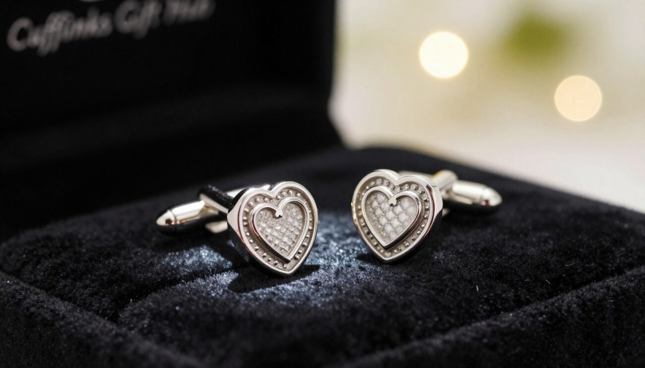 A pair of elegant wedding cufflinks displayed prominently on a soft, velvet black background, reflecting their sophisticated design. The cufflinks, with intricate engravings of intertwined hearts and a delicate silver finish, are arranged artistically to capture the light and emphasize their shine. In the background, a blurred wedding setting featuring soft bokeh lights creates a romantic atmosphere, evoking the essence of a wedding celebration. The scene is softly lit, with a focused spot of light illuminating the cufflinks, creating a warm and inviting mood. Add the brand name "Cufflinks Gift Hub" subtly integrated into the background design, ensuring it complements the elegance of the cufflinks without overpowering the composition.