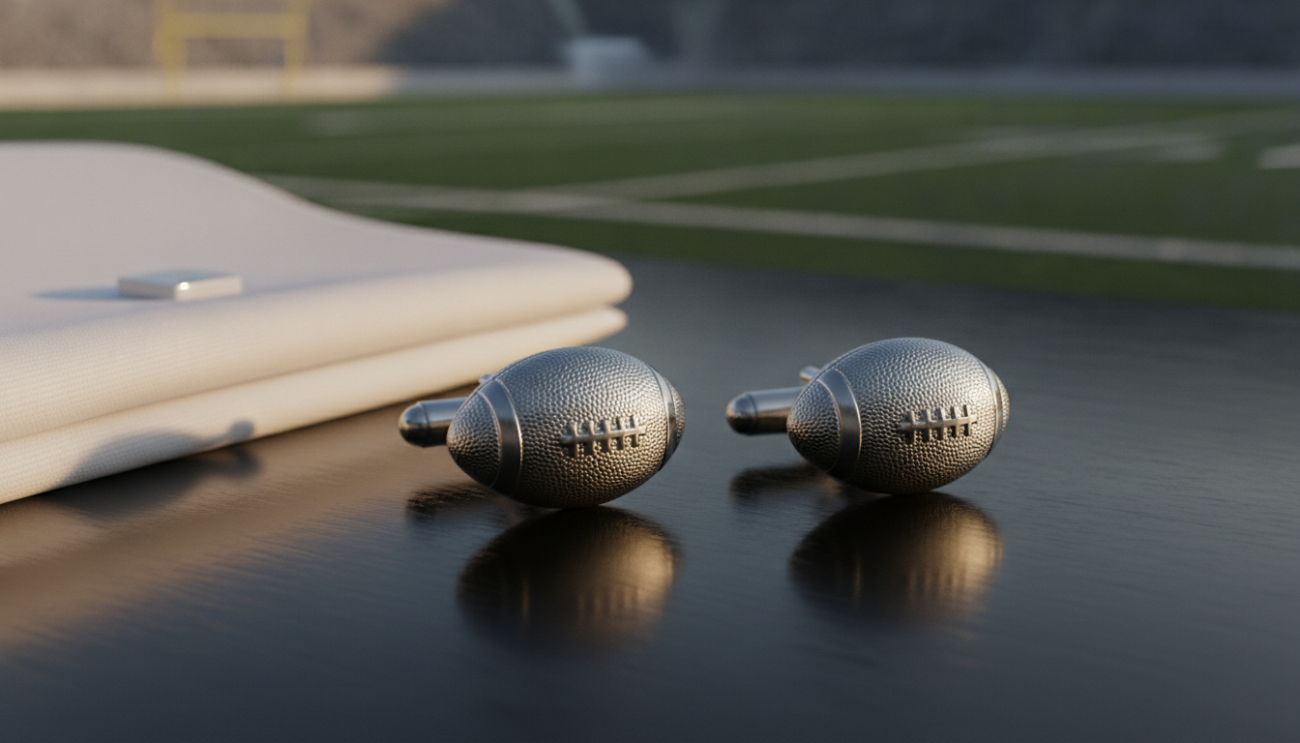 A pair of exquisite football cufflinks, intricately designed to resemble classic footballs, showcasing rich detail in a shiny silver finish. The cufflinks are displayed in the foreground on a polished black wooden surface, reflecting their elegance. In the middle, a tailored white dress shirt with crisp cuffs is partially visible, enhancing the sophistication of the cufflinks. In the background, a softly blurred, elegant playing field scene sets an upbeat, sporty atmosphere, with subtle hints of lush green grass and a stadium in the distance. Soft, warm lighting highlights the cufflinks and shirt, creating a confident, stylish mood. The composition captures the essence of refined luxury suitable for a discerning gentleman's wardrobe.