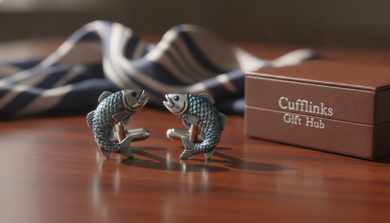 A pair of premium fish-themed cufflinks displayed elegantly on a polished wooden surface. The cufflinks are intricately designed, showcasing a realistic depiction of a fish with shimmering scales that catch the light. The color palette includes deep blues and silver tones, reflecting a nautical theme. In the background, a soft-focus luxurious fabric hinting at sophistication sets the mood. Natural light creates gentle shadows, enhancing the texture of the cufflinks while maintaining an upscale ambiance. An elegant box labeled "Cufflinks Gift Hub" subtly rests beside the cufflinks, inviting the viewer to indulge in timeless elegance. The composition captures a refined aesthetic, ideal for conveying the sophistication associated with high-quality accessories.